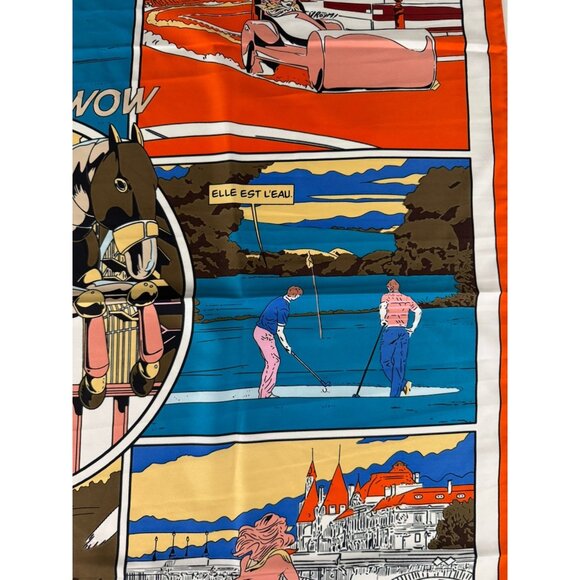Vtg Comic Book Print Multicolor Silk Scarf Hand Rolled Edge NWOT 35x35 - Picture 3 of 10